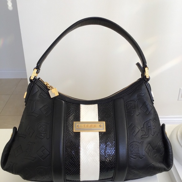 L.A.M.B. by Gwen Stefani black leather handbag with black/white snake skin strip - Picture 7 of 9